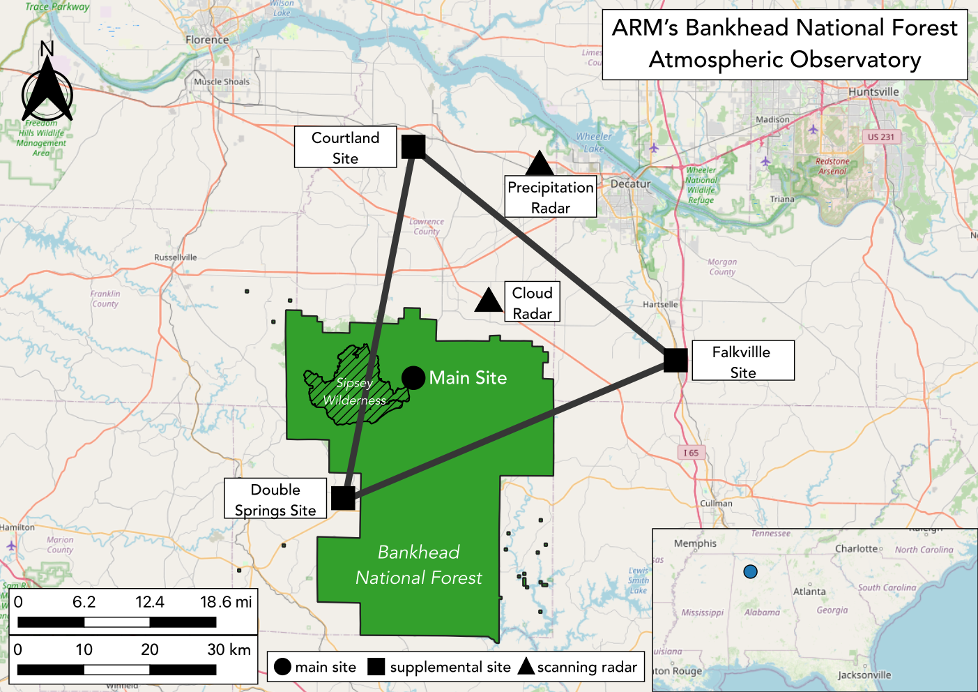 A map shows a network of supplemental sites forming a triangle around the Bankhead National Forest's main site and scanning cloud radar. A scanning precipitation radar sits outside the triangle.