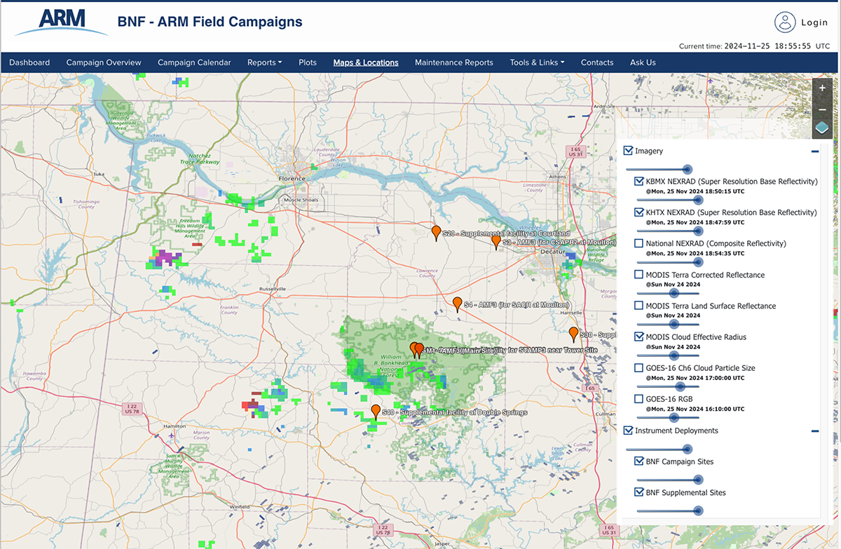 A map of northern Alabama points out different ARM Bankhead National Forest sites and imagery being collected around the sites.