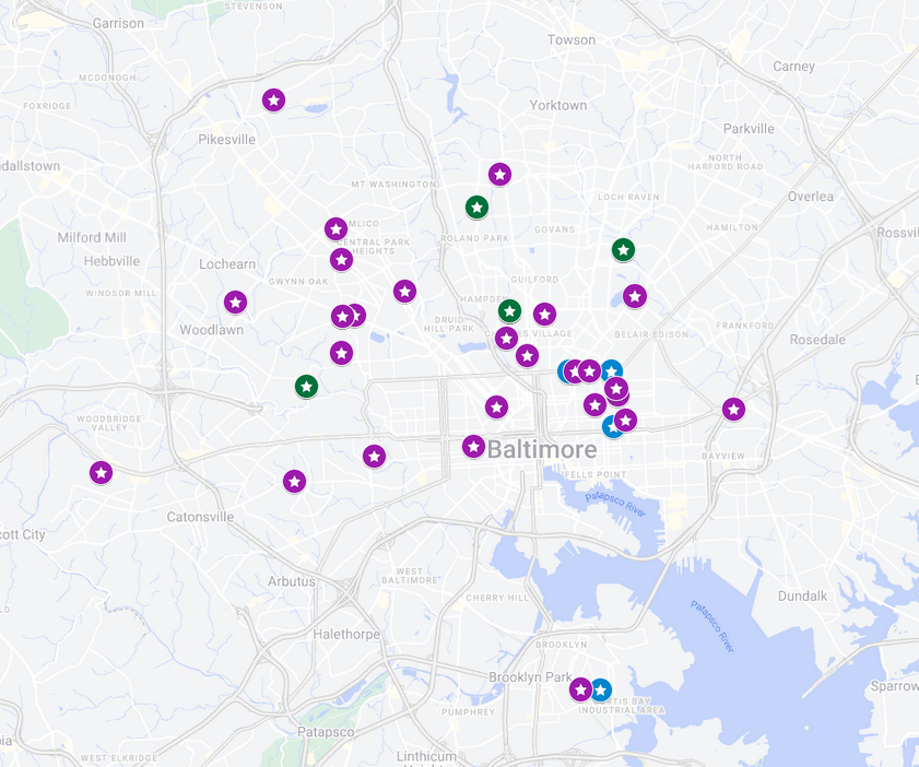 A map is dotted to indicate different weather stations around the Baltimore region.