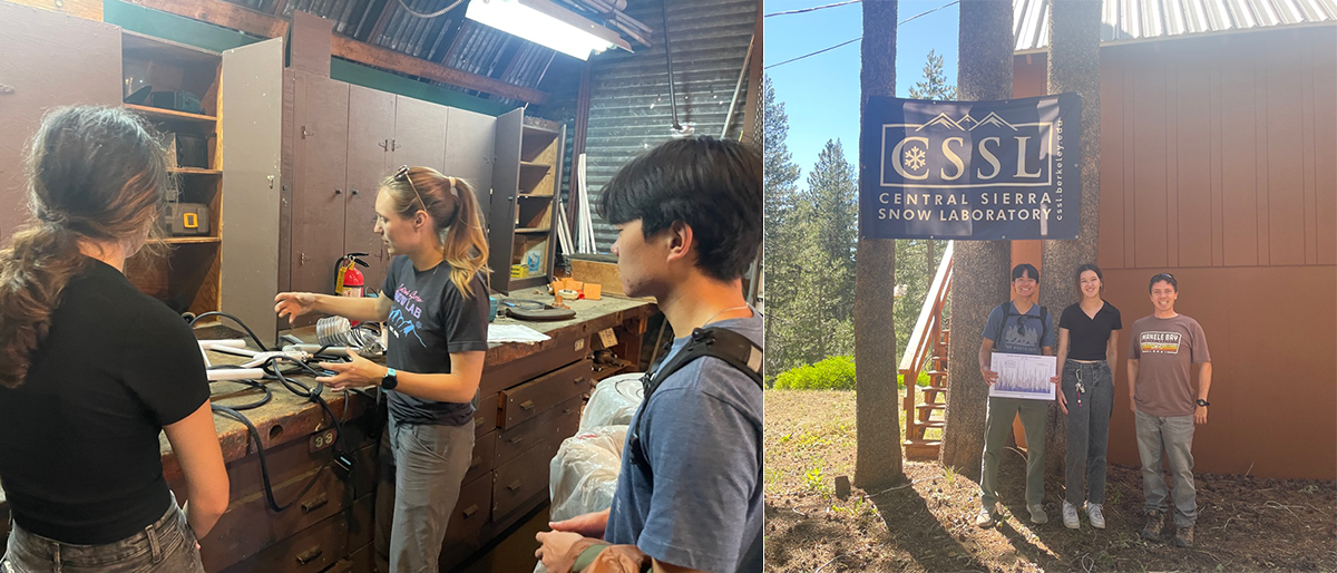 This image consists of two photos side by side. The photo on the left shows three people in a workshop, with one person in the middle explaining how an instrument system works. The other photo shows three people standing together under trees and a flag affixed to them that says, "CSSL: Central Sierra Snow Laboratory."