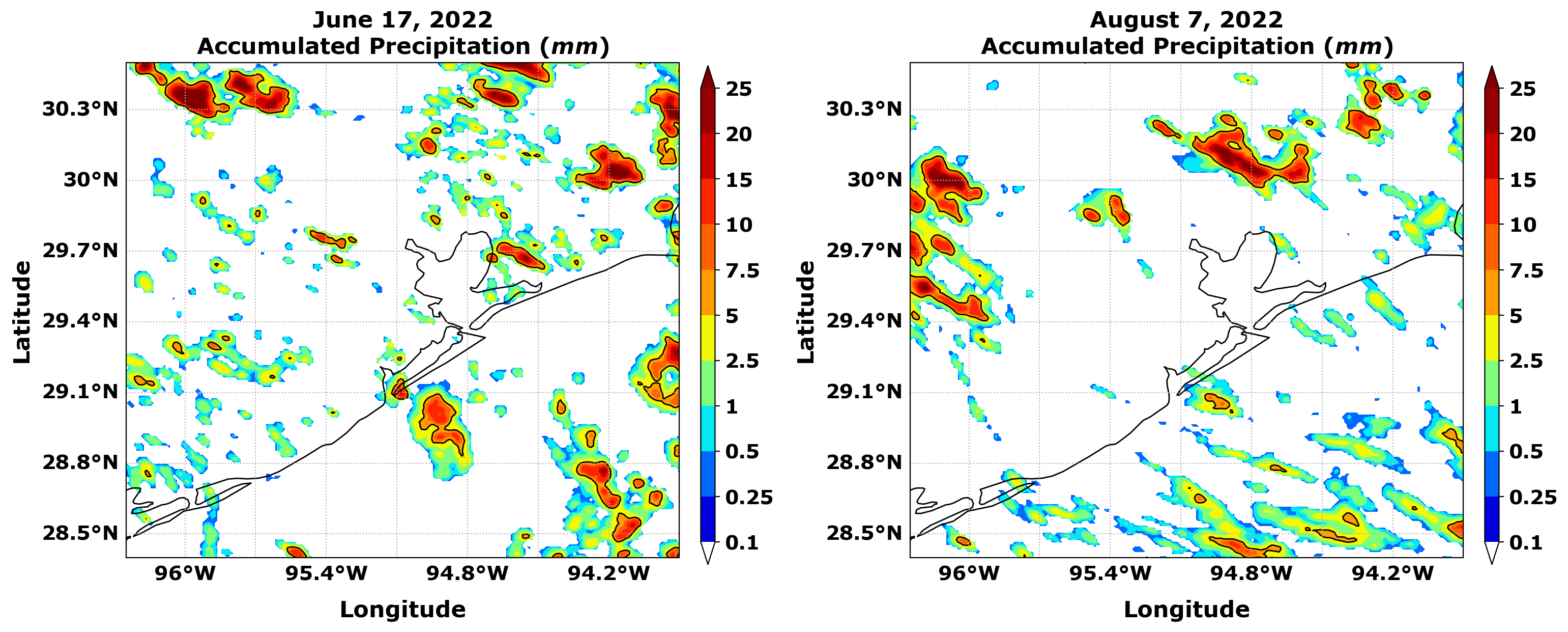 Side-by-side plots show accumulated precipitation within the area from 94.2 to 96 degrees west longitude and 28.5 to 30.3 degrees north latitude.