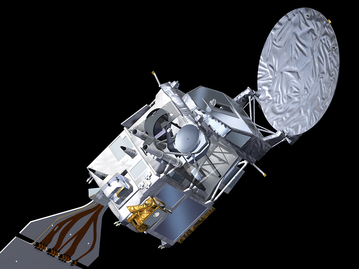 An illustration of the European-Japanese EarthCARE satellite shows a disk-like cloud profiling radar antenna on the right. To the left is a fin-like, 12-segment solar panel. Copyright European Space Agency (ESA)─P. Carril, 2013.