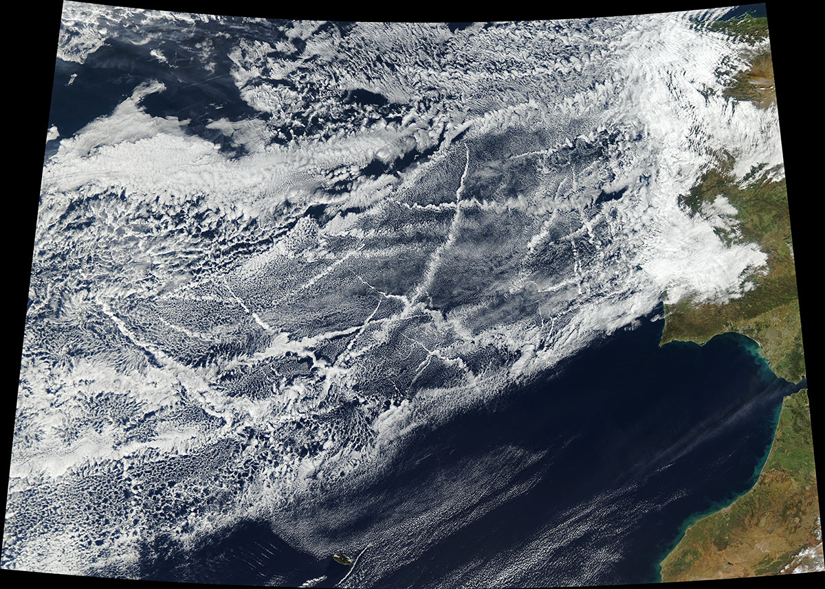 A satellite image of ship tracks in the Atlantic