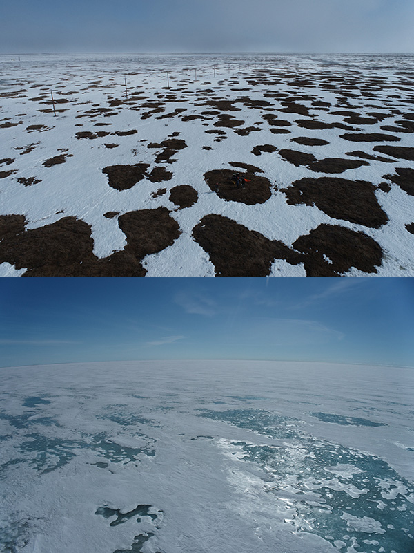 Two photos are stacked vertically, with the top photo showing patchy snow cover on tundra and the bottom photo showing melting sea ice.