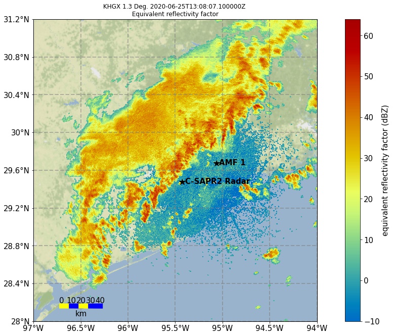 Radar reflectivity factor seen from WSR-88D radar system in Galveston, Texas