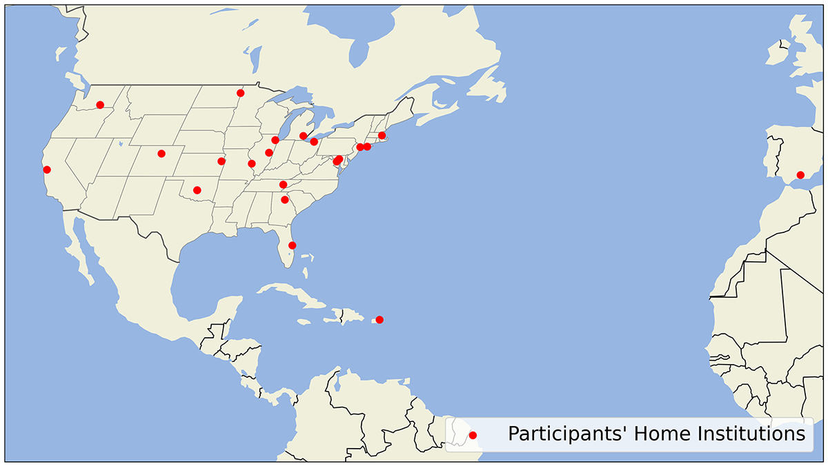 Red dots on a map indicate the home institution locations of the 2024 ARM Open Science Summer School participants (students and instructors). Participants represented institutions in California, Washington state and District of Columbia, Colorado, North Dakota, Kansas, Oklahoma, Illinois, Missouri, Michigan, Ohio, Tennessee, Georgia, Florida, Massachusetts, New York, Maryland, Puerto Rico, and Spain. Map is by Max Grover, Argonne National Laboratory.