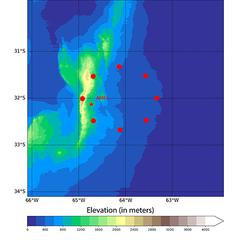 A map focused on the variational analysis domain around the main site of the CACTI campaign in Córdoba, Argentina